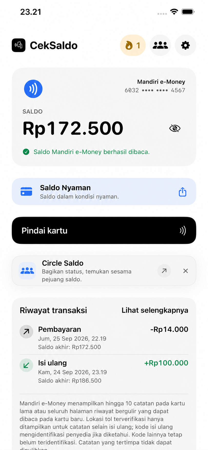 CekSaldo menampilkan saldo Mandiri e-Money sebesar Rp172.500 dan riwayat transaksi.